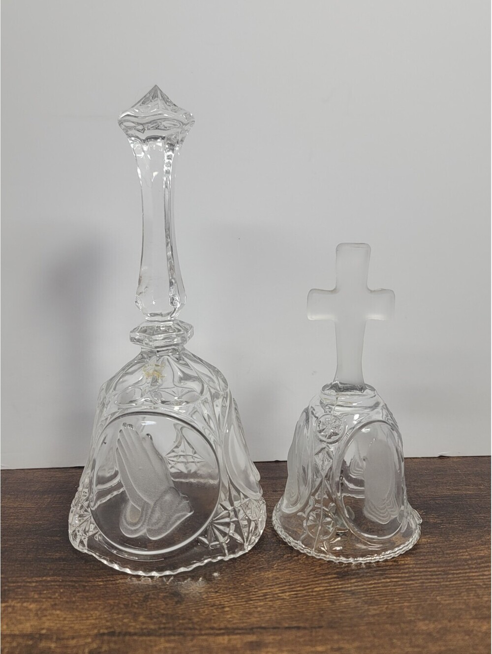 Set Of 2 Cross With Praying Hands Glass Bells